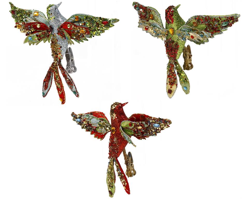 10.5"W Beaded/Glitter Bird with Clip - Sold Individually