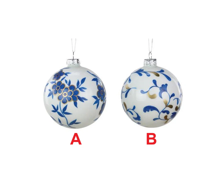 100MM White, Blue and Gold Glass Ball Ornament - Sold Individually