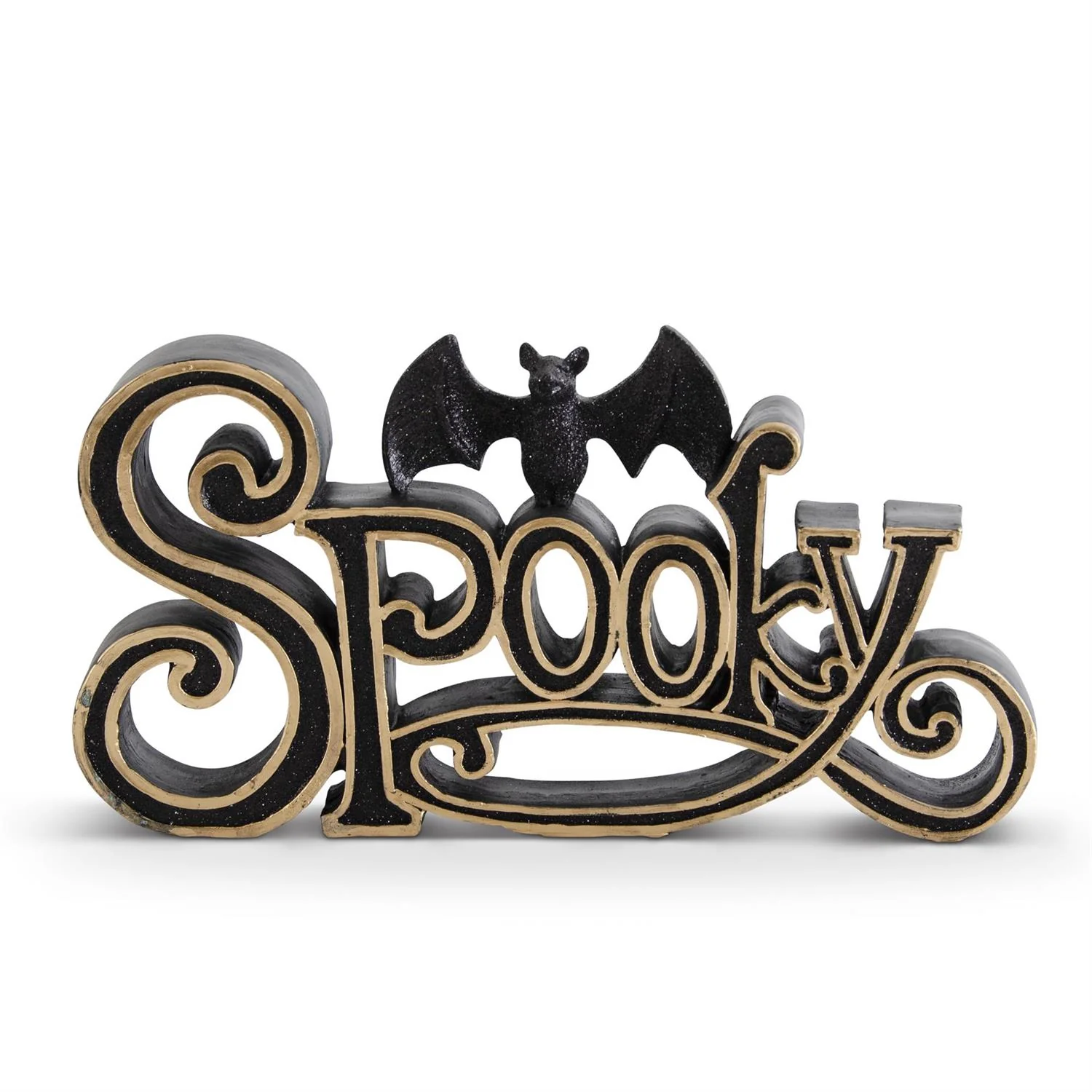 10.25 Inch Black & Gold Resin SPOOKY Cutout with 1 Glittered Bat - Image 2
