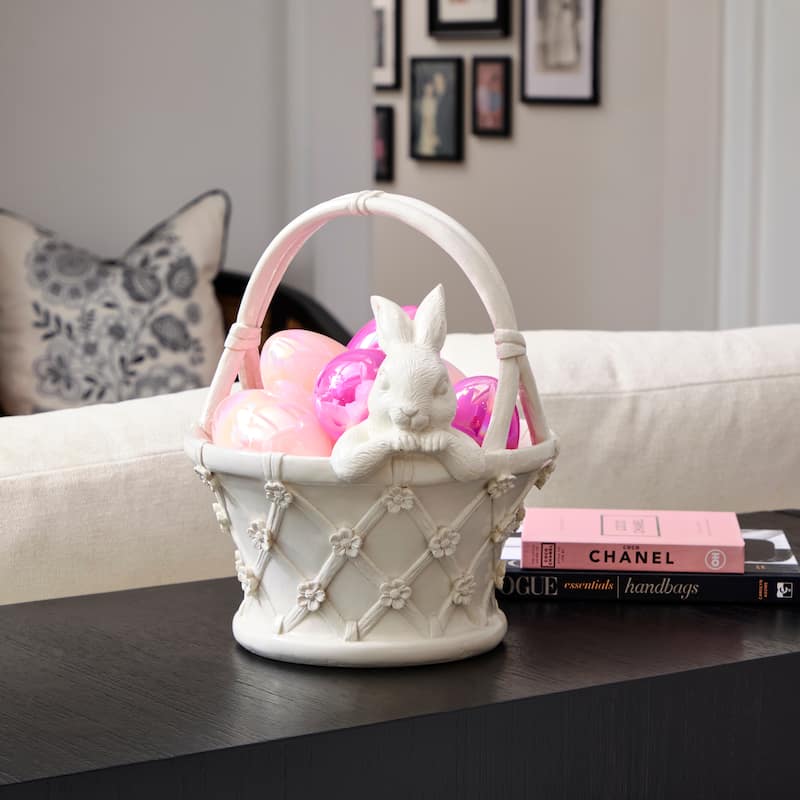 11" Resin Floral Basket With Bunny - Image 3