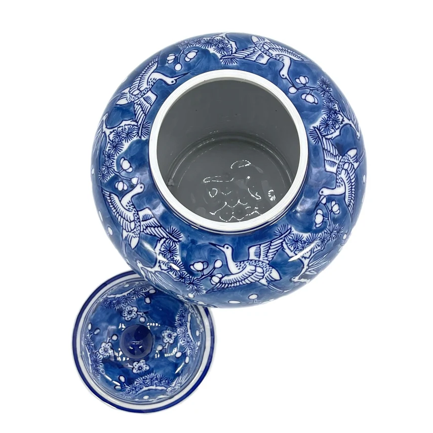 12" Blue & White Floral Crane Chinoiserie Ceramic Ginger Jar - Image 3