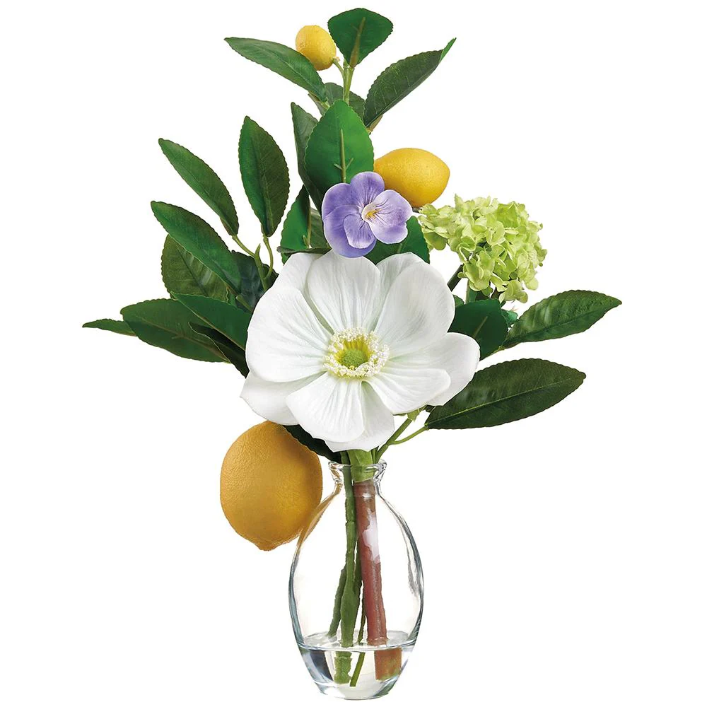 13 Inch Anemone/Snowball /Lemon in Glass Vase White Yellow