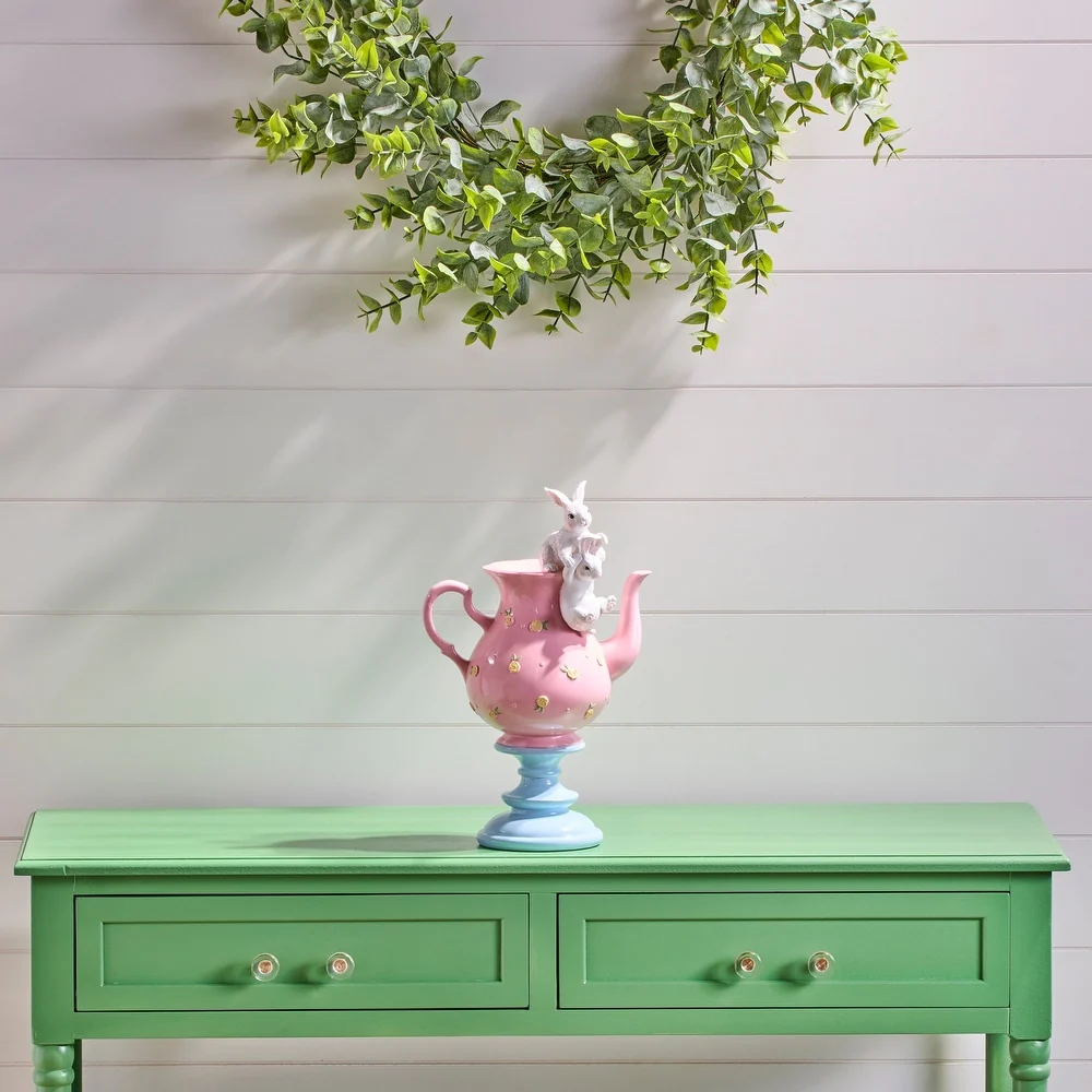13" Resin Tea Pot With Bunnies - Image 3