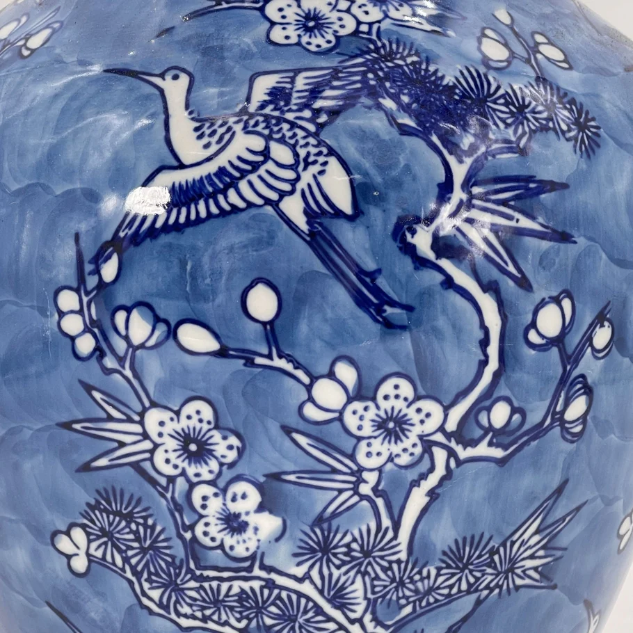 14" Blue & White Crane & Flowers Chinoiserie Ceramic Vase - Image 3