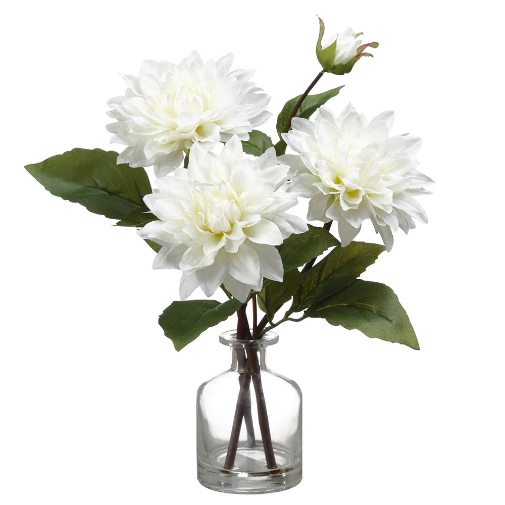 14 Inch Dahlia in Glass Vase  White