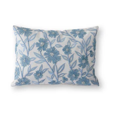 14 Inch White Linen & Blue Embroidered Floral Lumbar Pillow w/Microfiber