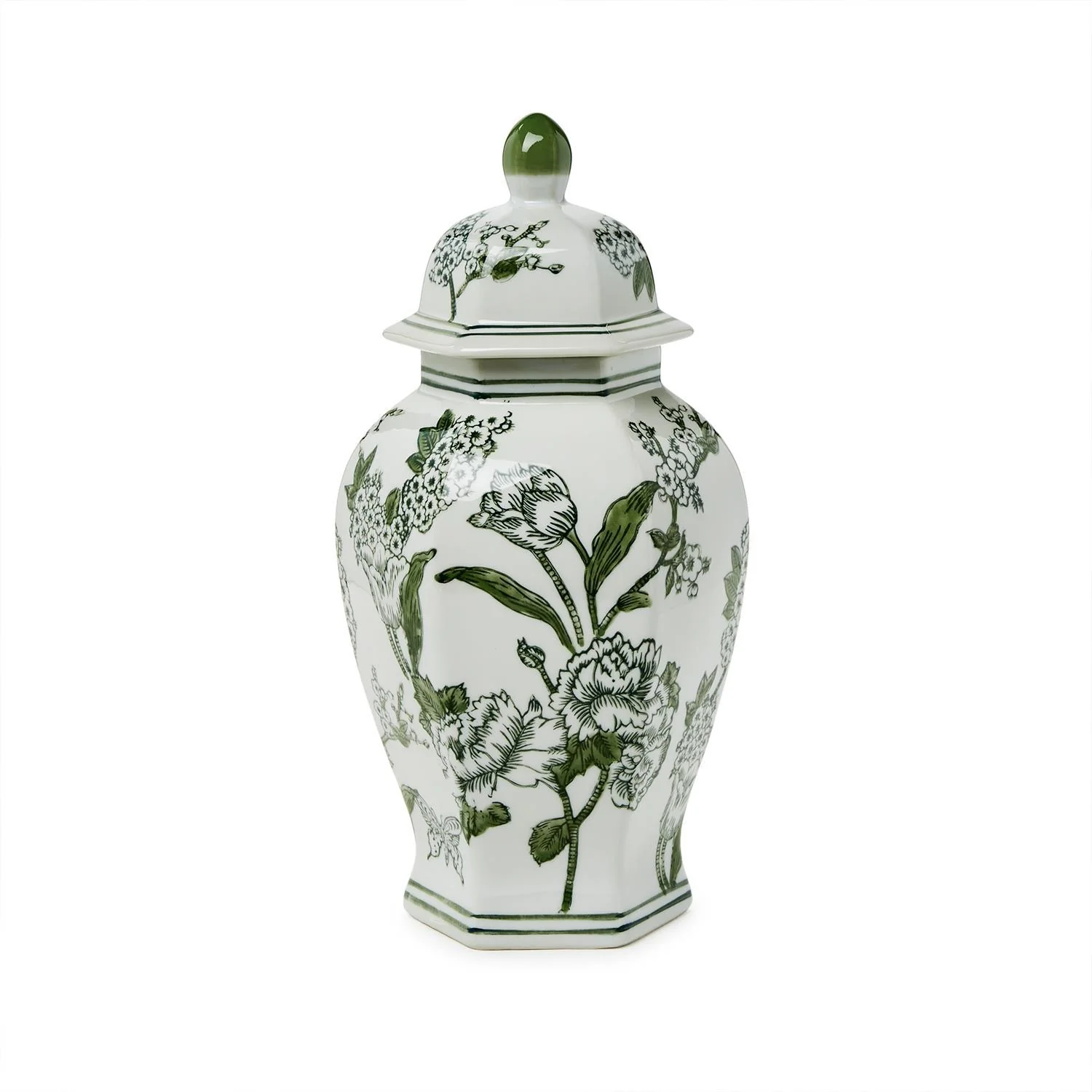 14" Primrose and Lotus Green and White Chinoiserie Hexogonal Temple Jar with Lid - Image 4