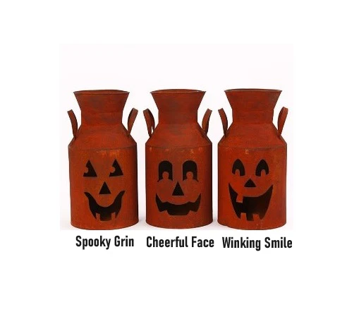 15.5"H Decorative Rustic Metal Halloween Jack-O-Lantern Milk Can Luminary
