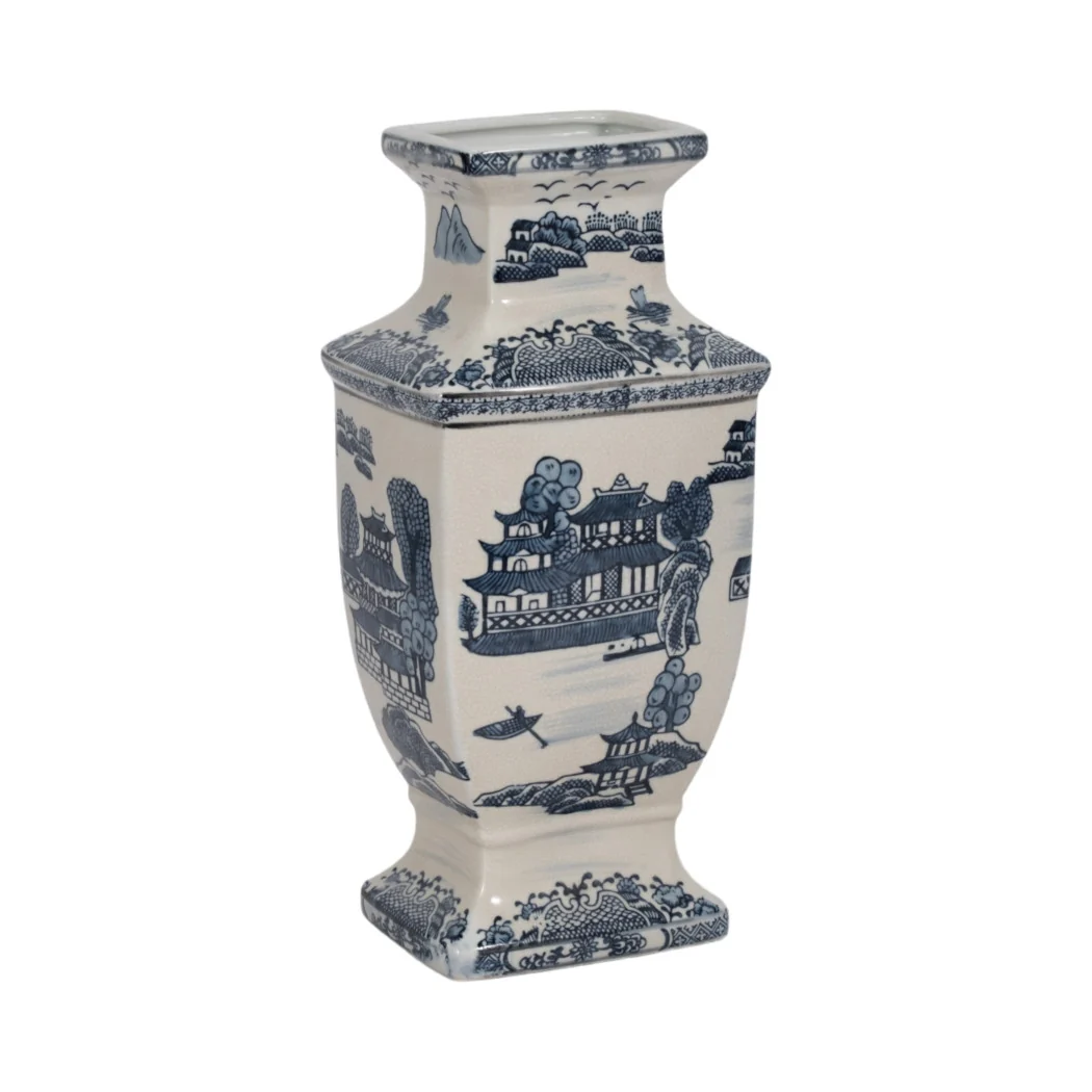 15 in. Blue Ceramic Chinoiserie Temple Decorative Vase - Image 3