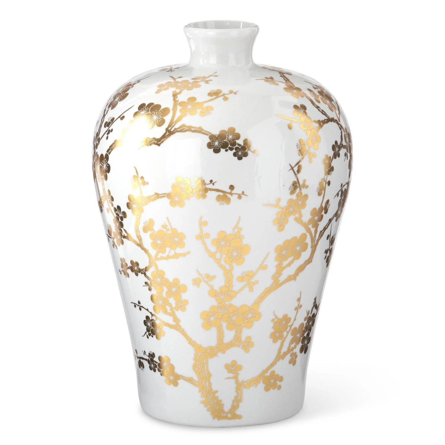 15 Inch White & Gold Chinoiserie Vase