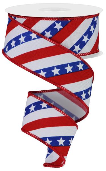 1.5" x 10yd Diagonal Stripes W/Stars Ribbon - Image 2