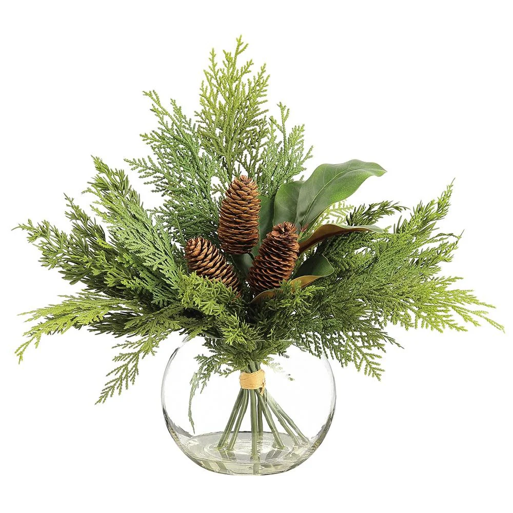 16" Pine Cone/Magnolia Leaf/Pine in Glass Vase Green Brown