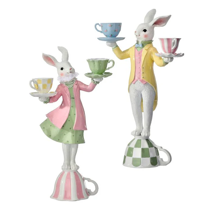 16” Resin Bunny With Tea Cups - Sold Individually