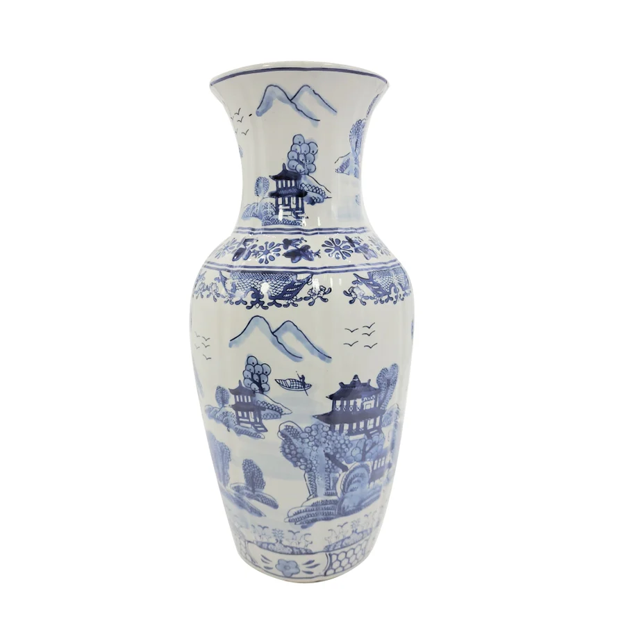 18" Blue & White Chinoiserie Ceramic Table Vase - Image 3
