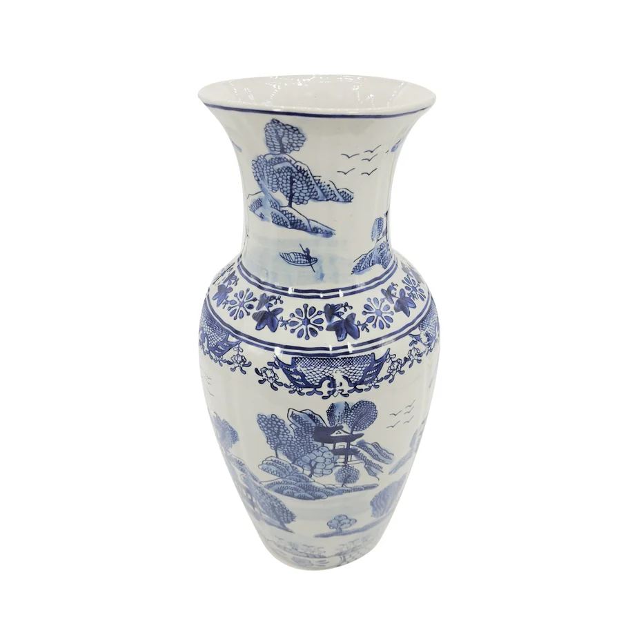 18" Blue & White Chinoiserie Ceramic Table Vase - Image 4