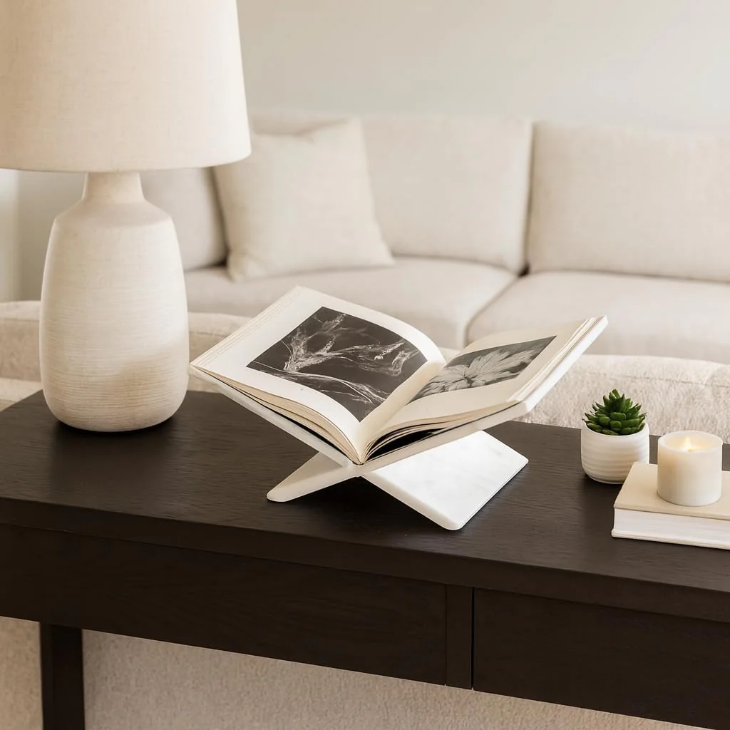 18 in. White Marble Contemporary Sculptural Bookstand - Image 6