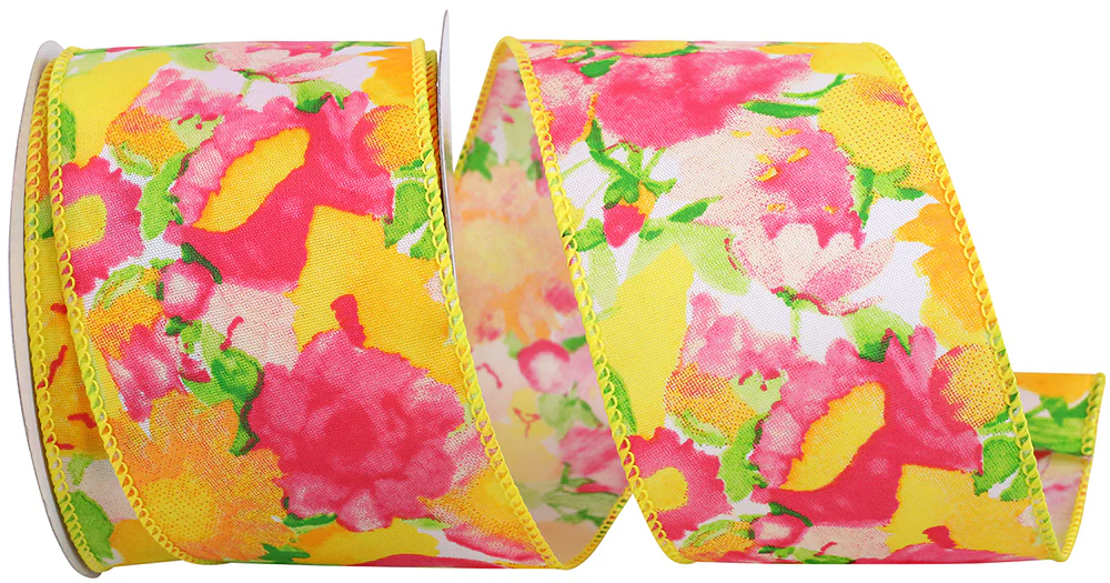 2-1/2 Inch Floral Impressionist Bright Wired Edge Yellow
