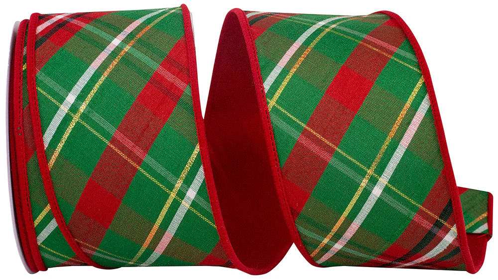 2-1/2 inch Plaid Dupioni Verde Diagonal Red Backed Wired Edge Ribbon
