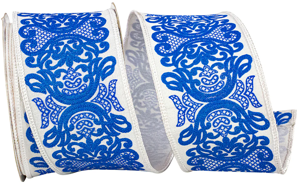 2-1/2 Inch Regal Filigree Chinoiserie Printed Dupioni Wired Edge White/Blue - Image 4