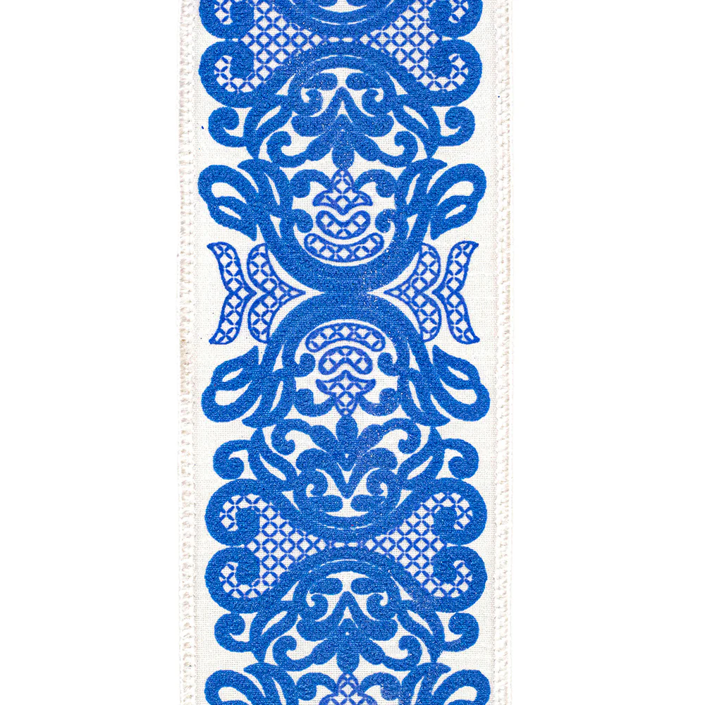 2-1/2 Inch Regal Filigree Chinoiserie Printed Dupioni Wired Edge White/Blue - Image 5