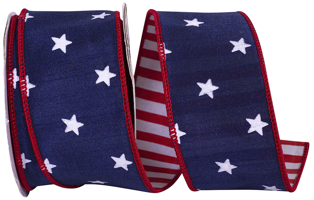 2.5 Inch Stars Dupioni Deluxe Striped Backing Wired Edge Navy/Red Ribbon