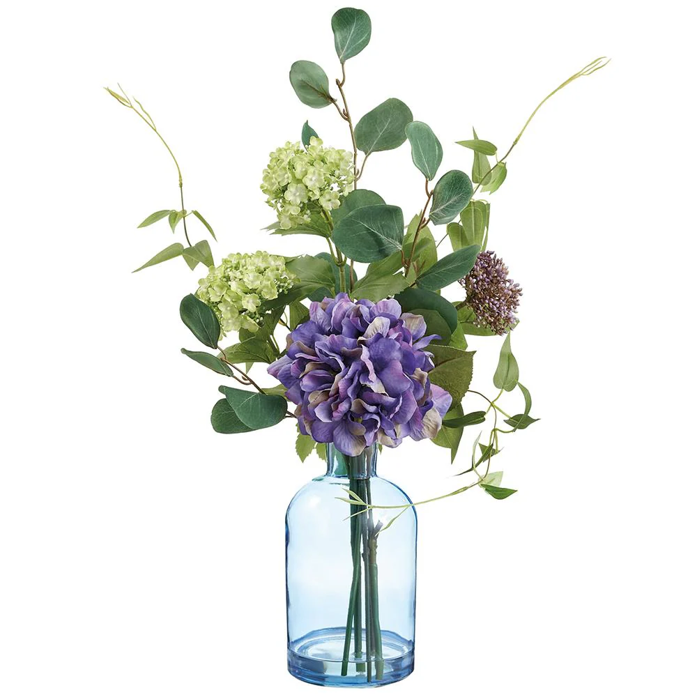 20" Hydrangea/Snowball/Sedum in Glass Vase Purple Green