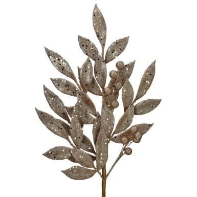 24" Glitter Mettalic Bay Leaf W/ Berries Spray