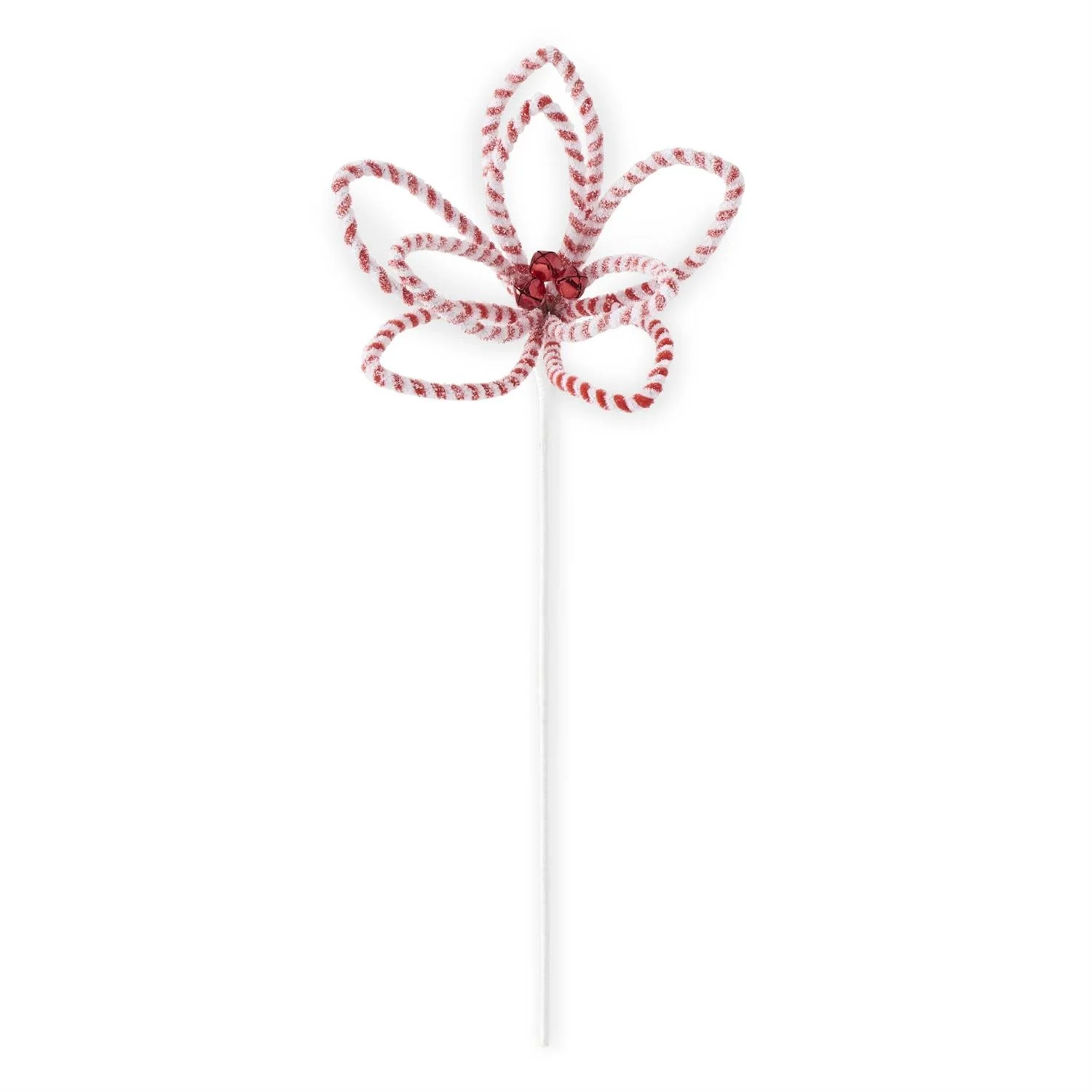 24 Inch Glittered Snowy Red & White Striped Poinsettia Stem With Bell