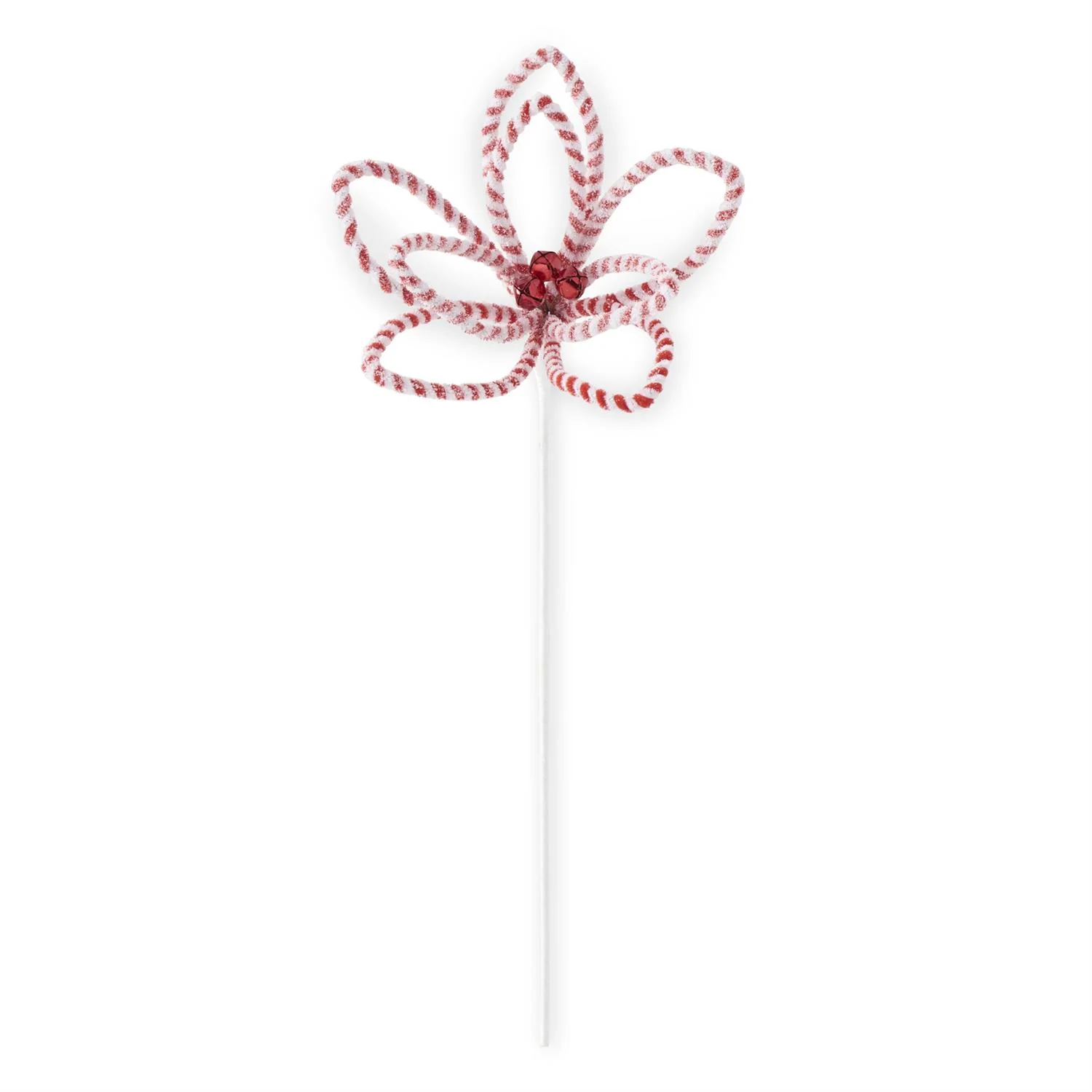 24 Inch Glittered Snowy Red & White Striped Poinsettia Stem With Bell - Image 2