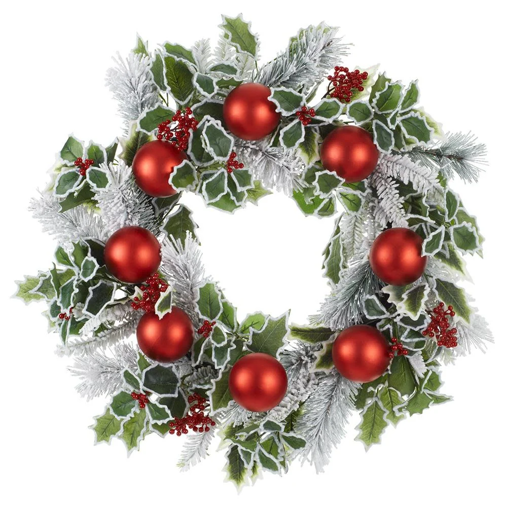 24" Snowed Holly/Ball/Pine Wreath Red Green
