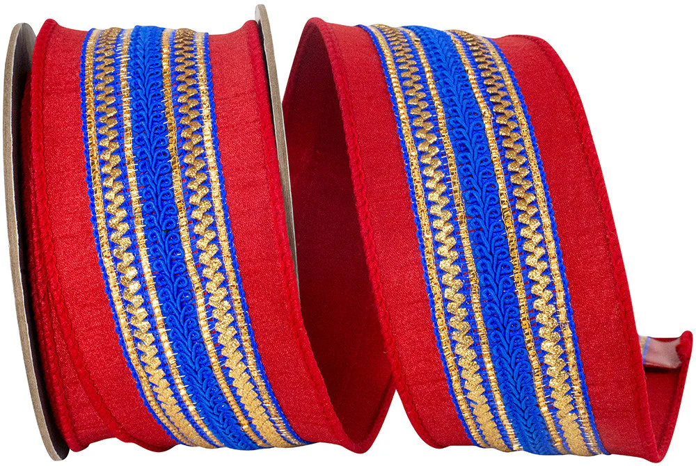 2.5 Inch Regal Stripe Red Trimming Dupioni Deluxe Wired Edge Ribbon - Red/Blue - Image 2