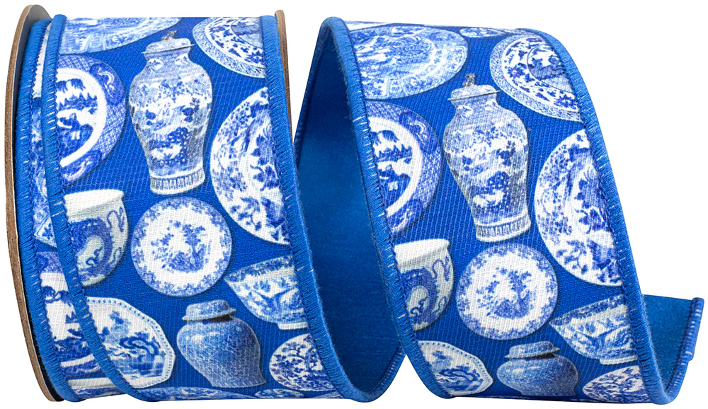2.5 Inch Terra Cotta Ceramics Chinoiserie Twill Deluxe Dupioni Backed Wired Edge Ribbon - Image 4
