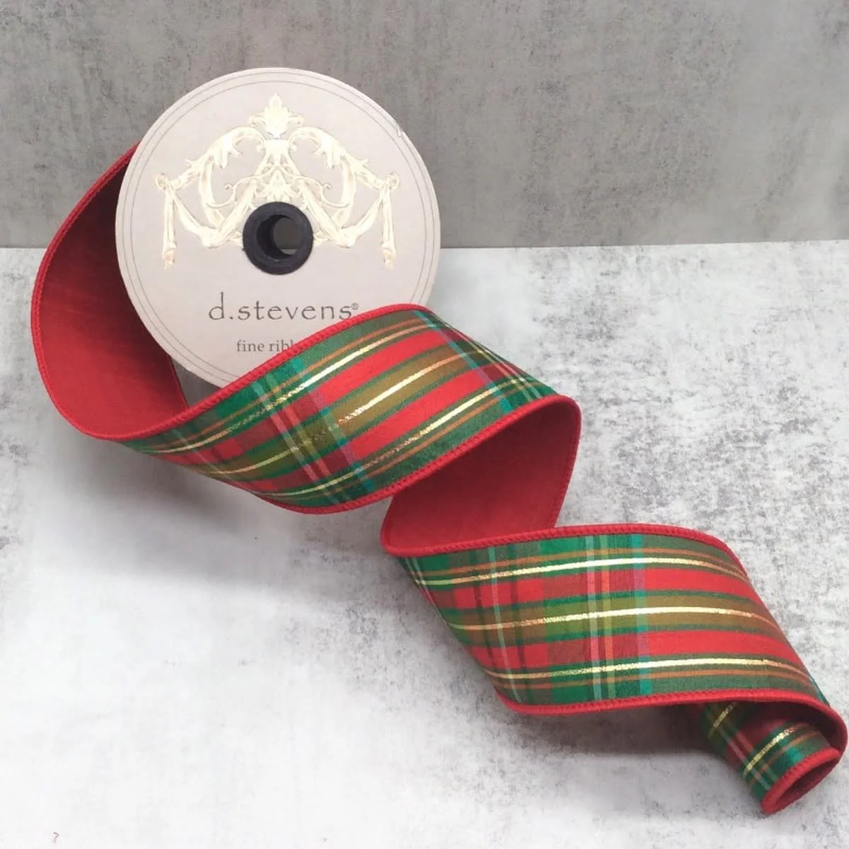 2.5" x 10yds Dupion Juniper Plaid Metallic Gold Thread, Dark Green Moss Green Red