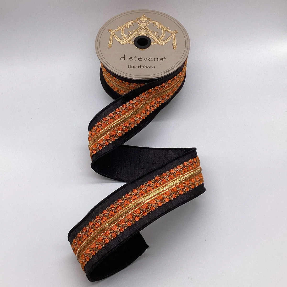 2.5“ x 10yds Metallic Dupion Orange Copper Center Trim, Black - Image 2