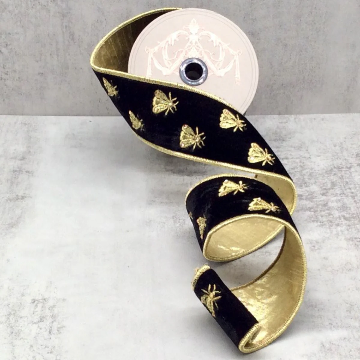 2.5" x 5yds Velvet Gold Embroidery Bee Ribbon Black - Image 2
