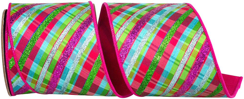 4 Inch Glitter Diagonal Bright Plaid Deluxe Backed - Fuchsia - Image 2