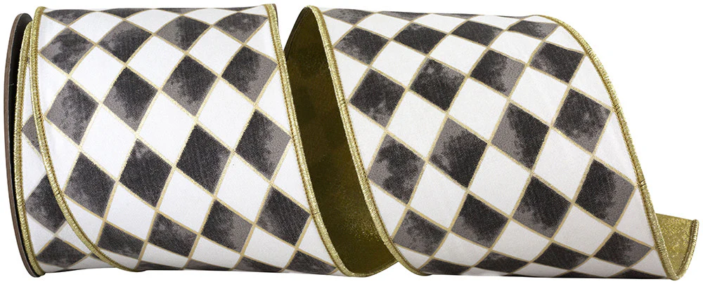 4 Inch Harlequin Diamond Gilded Deluxe Outline Wired Edge Black Ribbon
