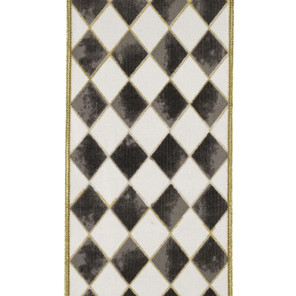 4 Inch Harlequin Diamond Gilded Deluxe Outline Wired Edge Black Ribbon - Image 2