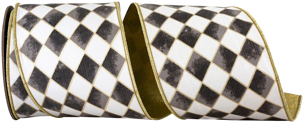 4 Inch Harlequin Diamond Gilded Deluxe Outline Wired Edge Black Ribbon - Image 4