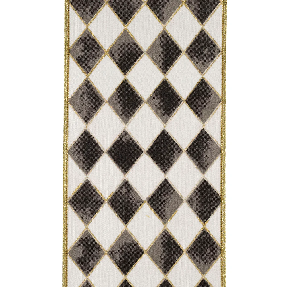 4 Inch Harlequin Diamond Gilded Deluxe Outline Wired Edge Black Ribbon - Image 5