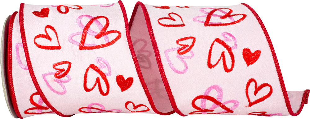 4 Inch Hearts Tangle Embroidered Dupioni Deluxe - Pink