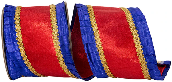 4 Inch Metallic Pleated Overlay Deluxe Metallic Dupioni Backed Wired Edge Ribbon - Royal/Red - Image 3