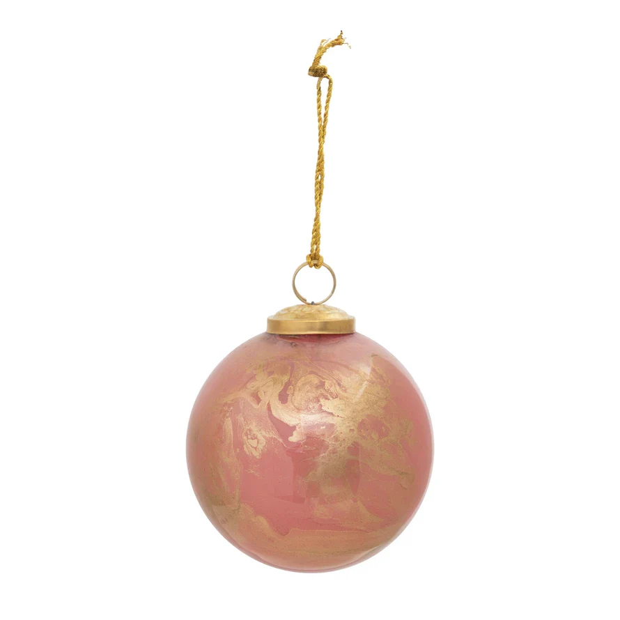 4" Round Glass Ball Ornament - Marbled Pink and Gold Finish