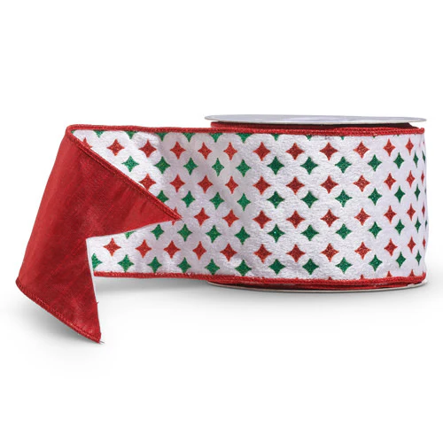 4" x 10 Yds Red and Green Diamond Starburst Ribbon