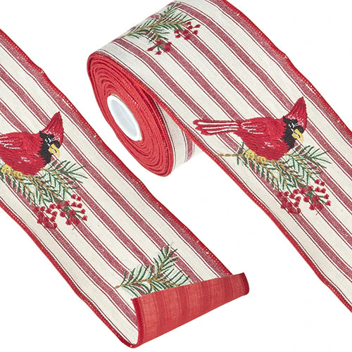 4" X 10 Yds Ticking Stripe Cardinal Embroidered Wired Ribbon