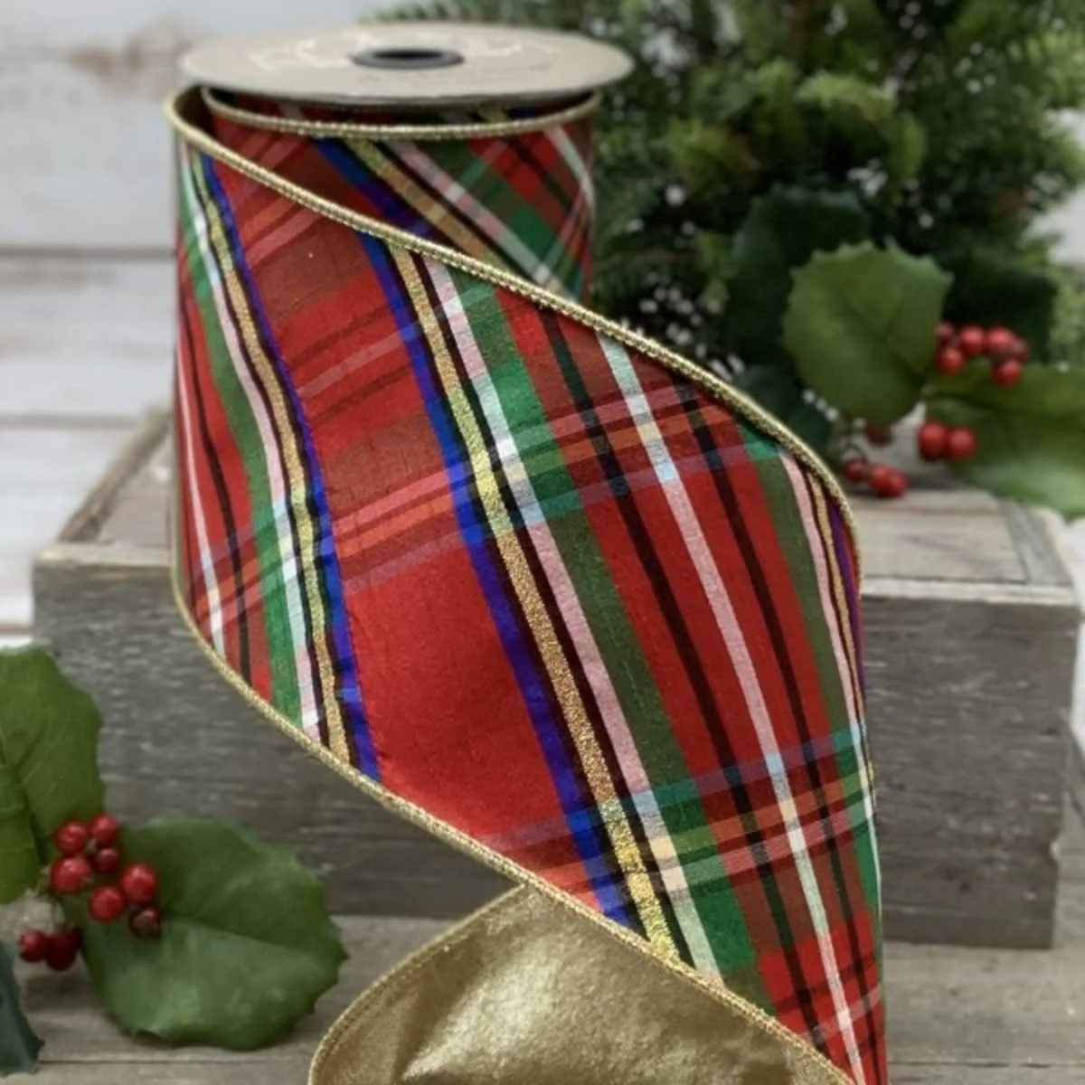 4" x 10yds Faux Dupion Diagonal Nutcracker Plaid Gold Back, Blue-Gold-Red