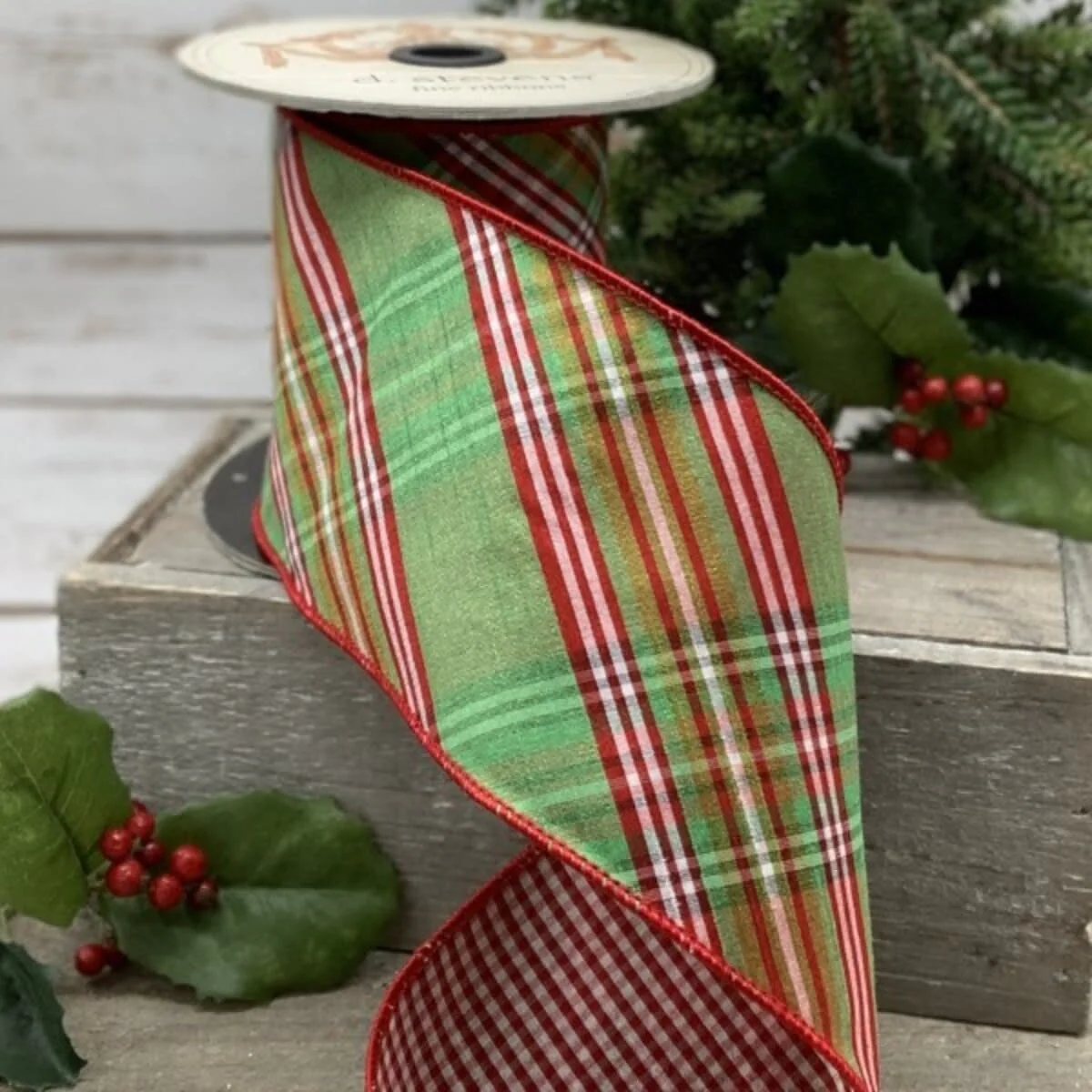 4" x 10yds Faux Dupion North Pole Diagonal Plaid Red Check Back, Green-Pink