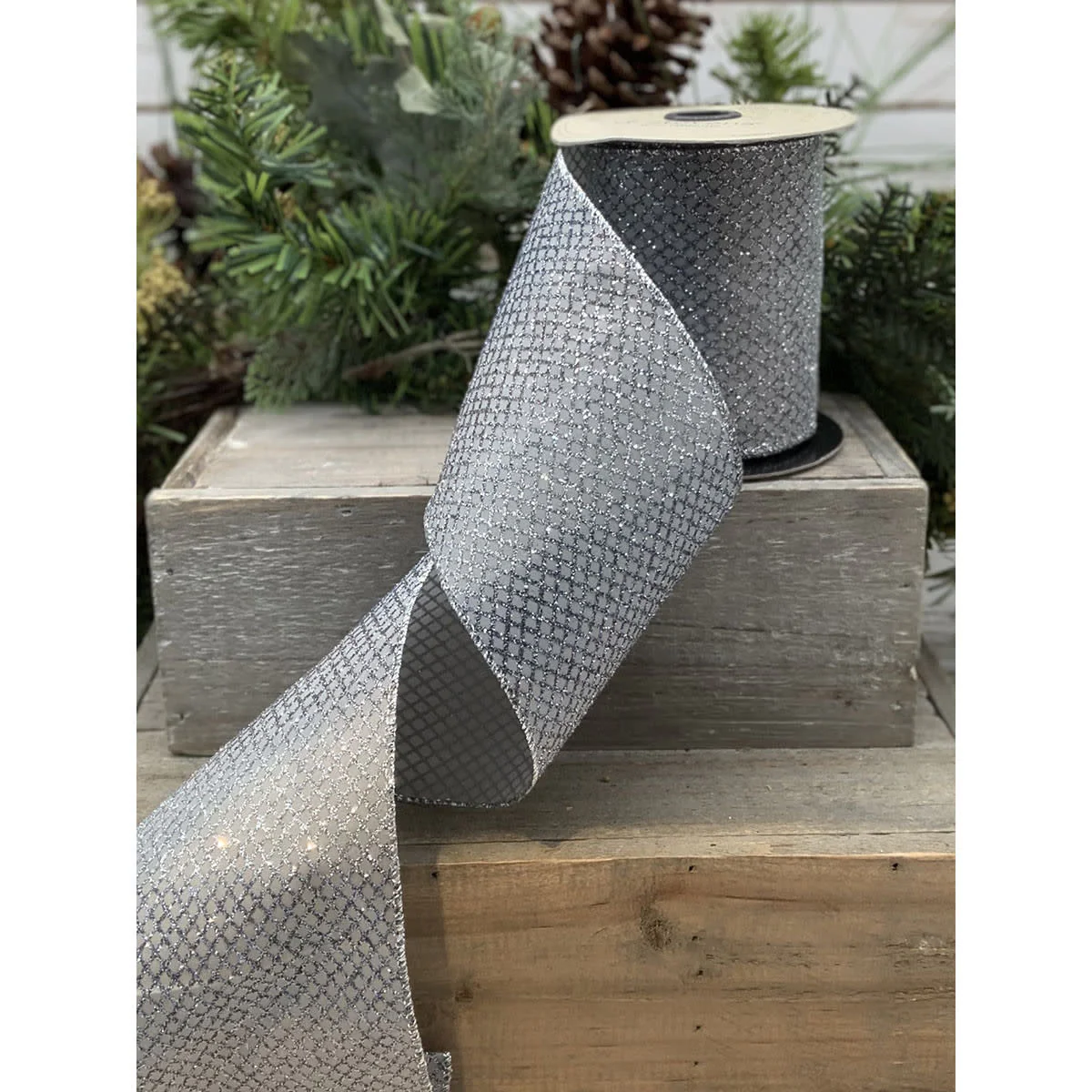 4" x 10yds Metallic Diamond Mesh, Shades of Silver Ribbon
