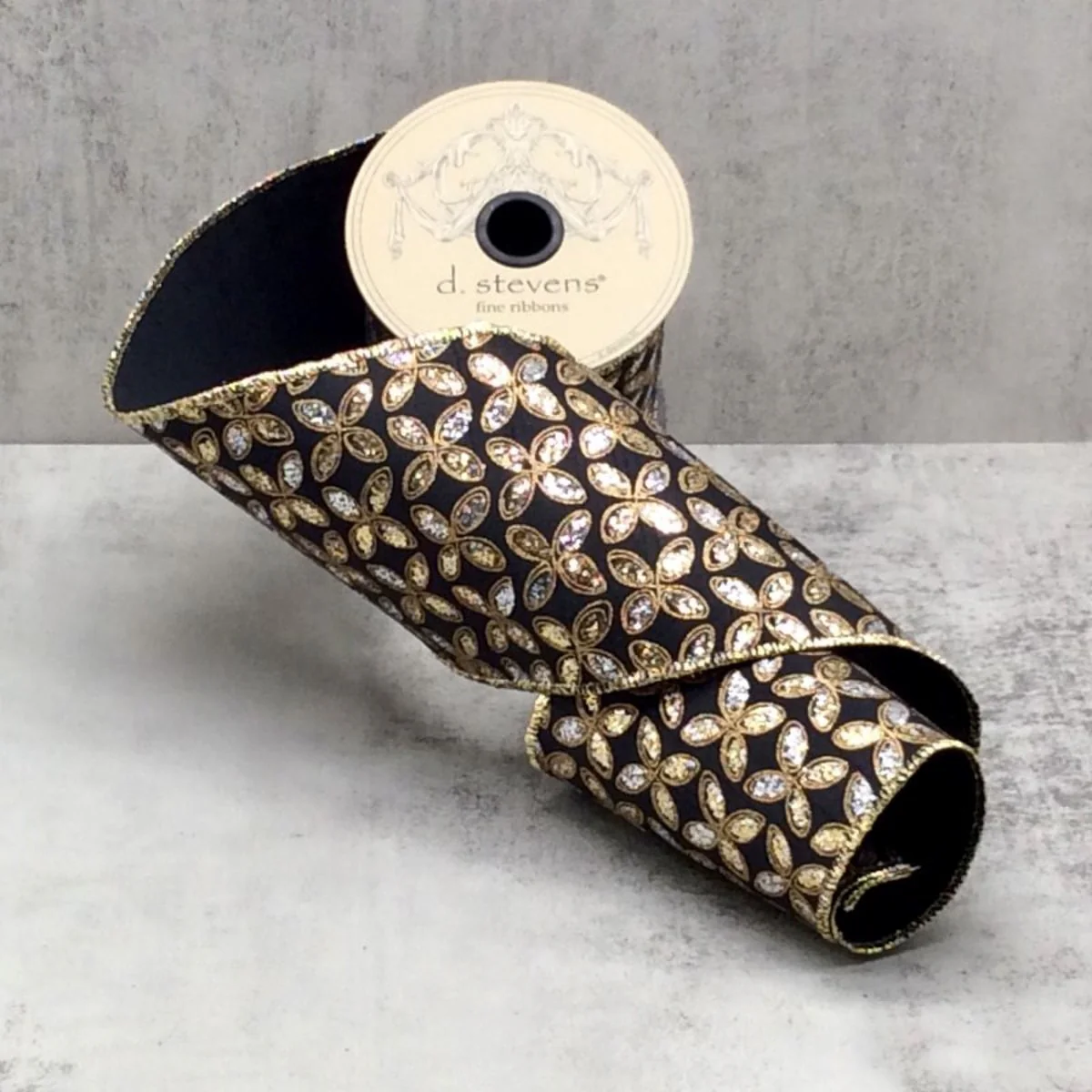4" x 10yds Taffeta Floral Glitter, Black Gold