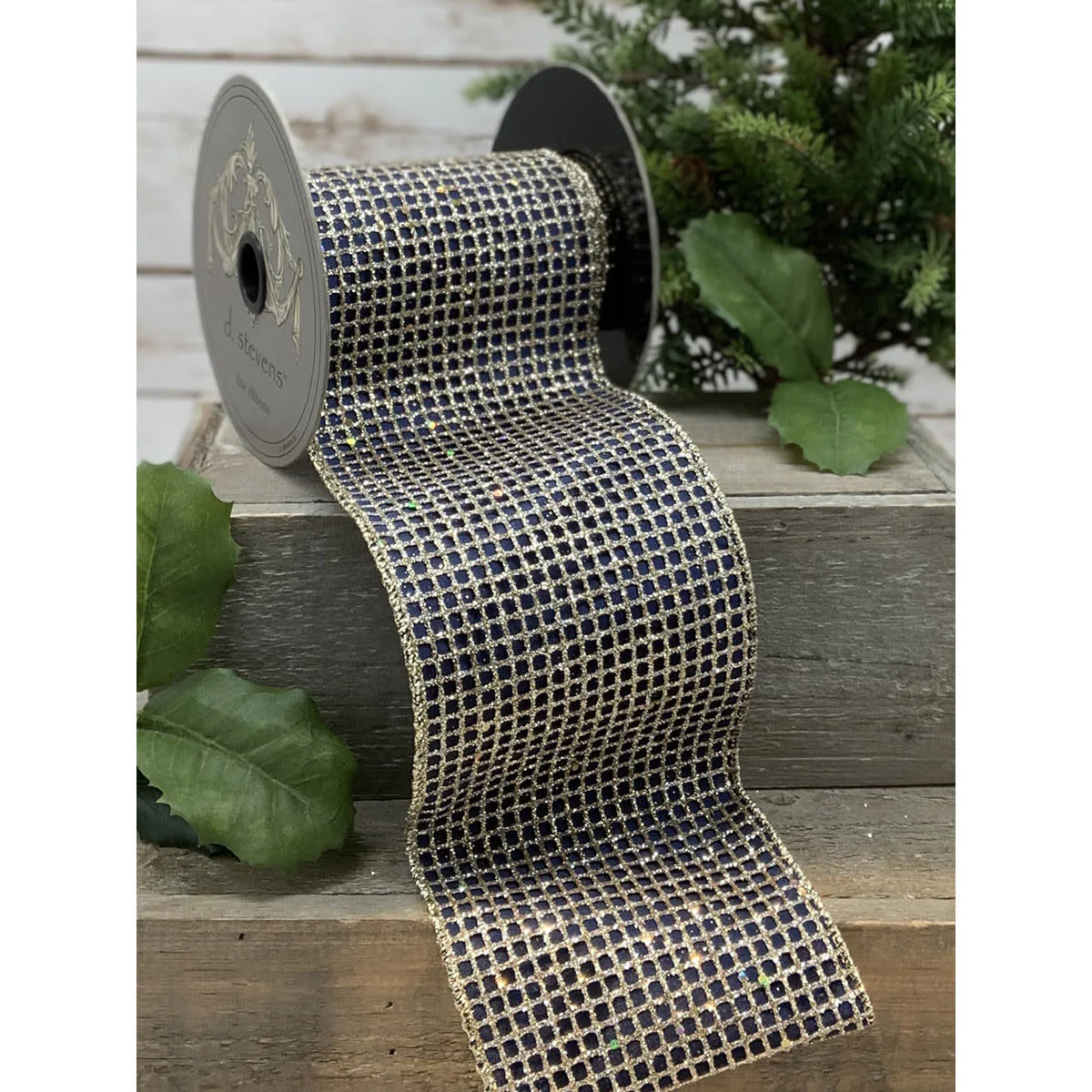 4" x 10yds taffeta gold mesh, navy ribbon